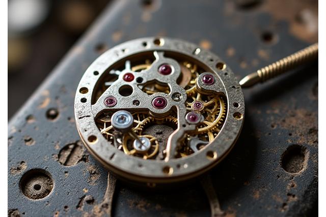 Engrenages complexes et vis minuscules d'un mouvement d'horloge antique étalés sur un tapis horloger, au moment du démontage.