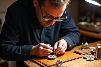 Horloger minutieux réparant une montre de poche ancienne, avec des outils de précision sur un établi en bois.