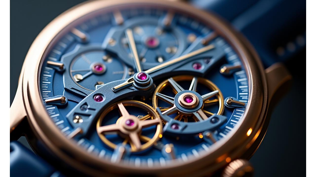 Gros plan d'un mouvement d'horlogerie complexe avec des engrenages en laiton poli et des rubis, symbole de précision.