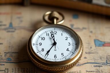 Un chronomètre marin ancien avec un boîtier en laiton poli et un cadran blanc, posé sur une carte marine.